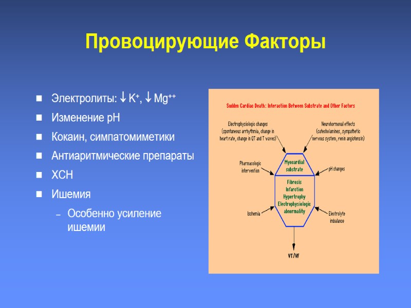 Провоцирующие Факторы Электролиты:  K+,  Mg++ Изменение pH Кокаин, симпатомиметики Антиаритмические препараты ХСН